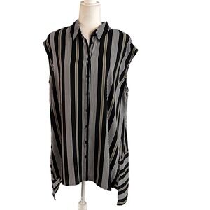 Worthington Womens XL Black White Yellow Striped Sleeveless Hi-Low Tunic Blouse